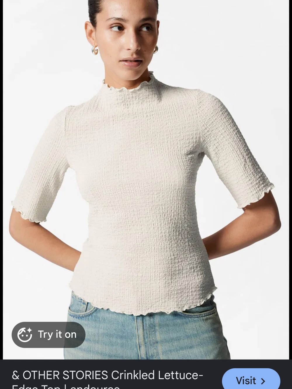 & Other Stories Crinkled Lettuce-Edge Top Cream medium ruffle Anthropologie